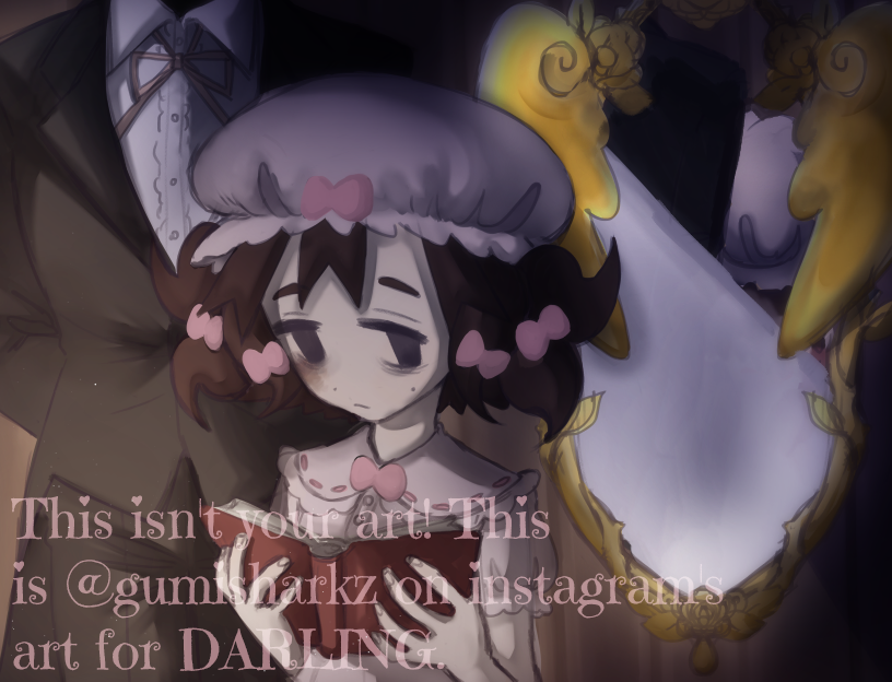 Art of DARLING's title screen with Darling standing in front of a golden mirror holding a book, with an unrecognizable figure in the background